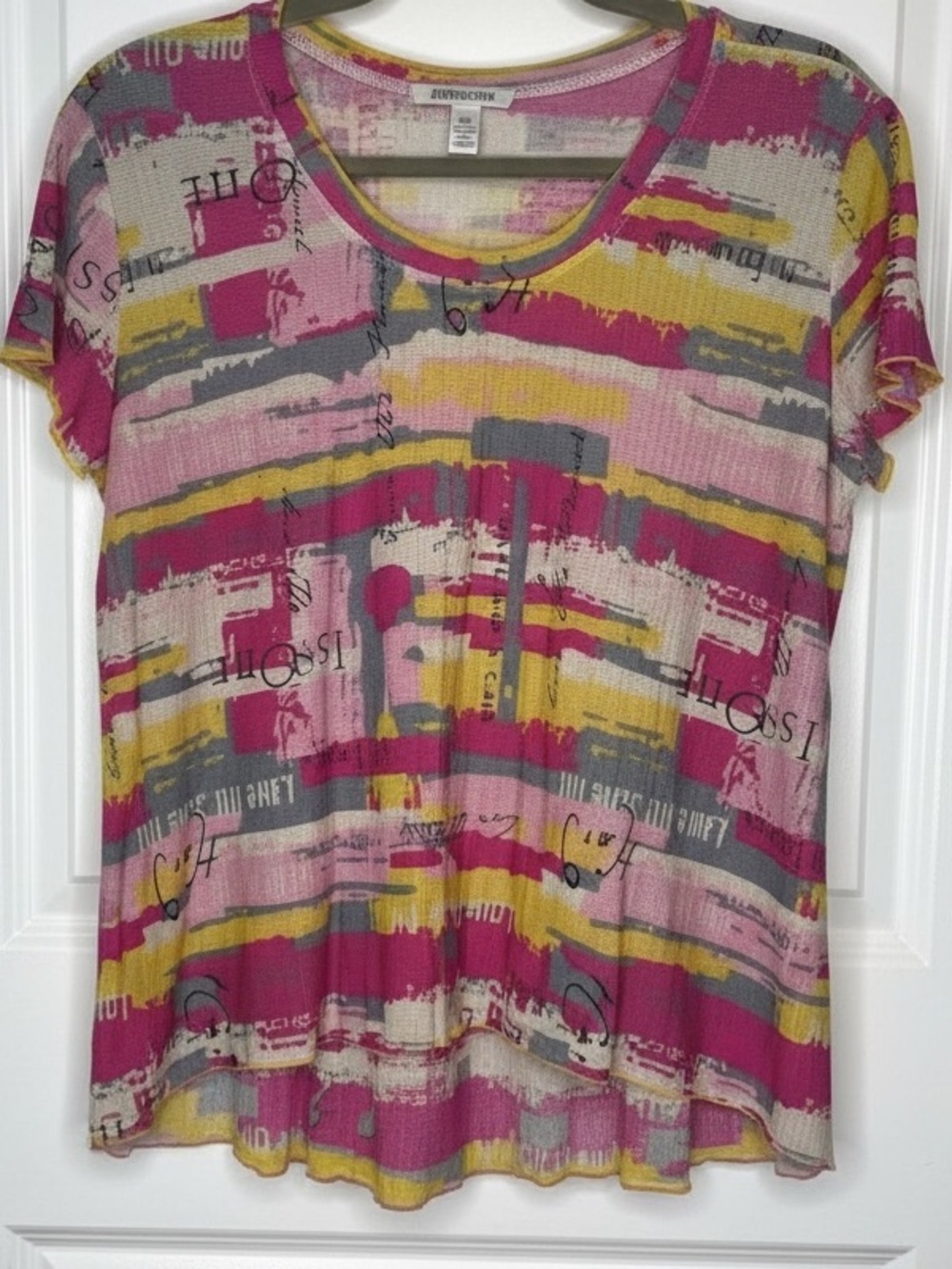 Multi-Color High-Low Hem Short Sleeve Lightweight Colorful Top Yellow Pinks Sz M - Picture 7 of 7